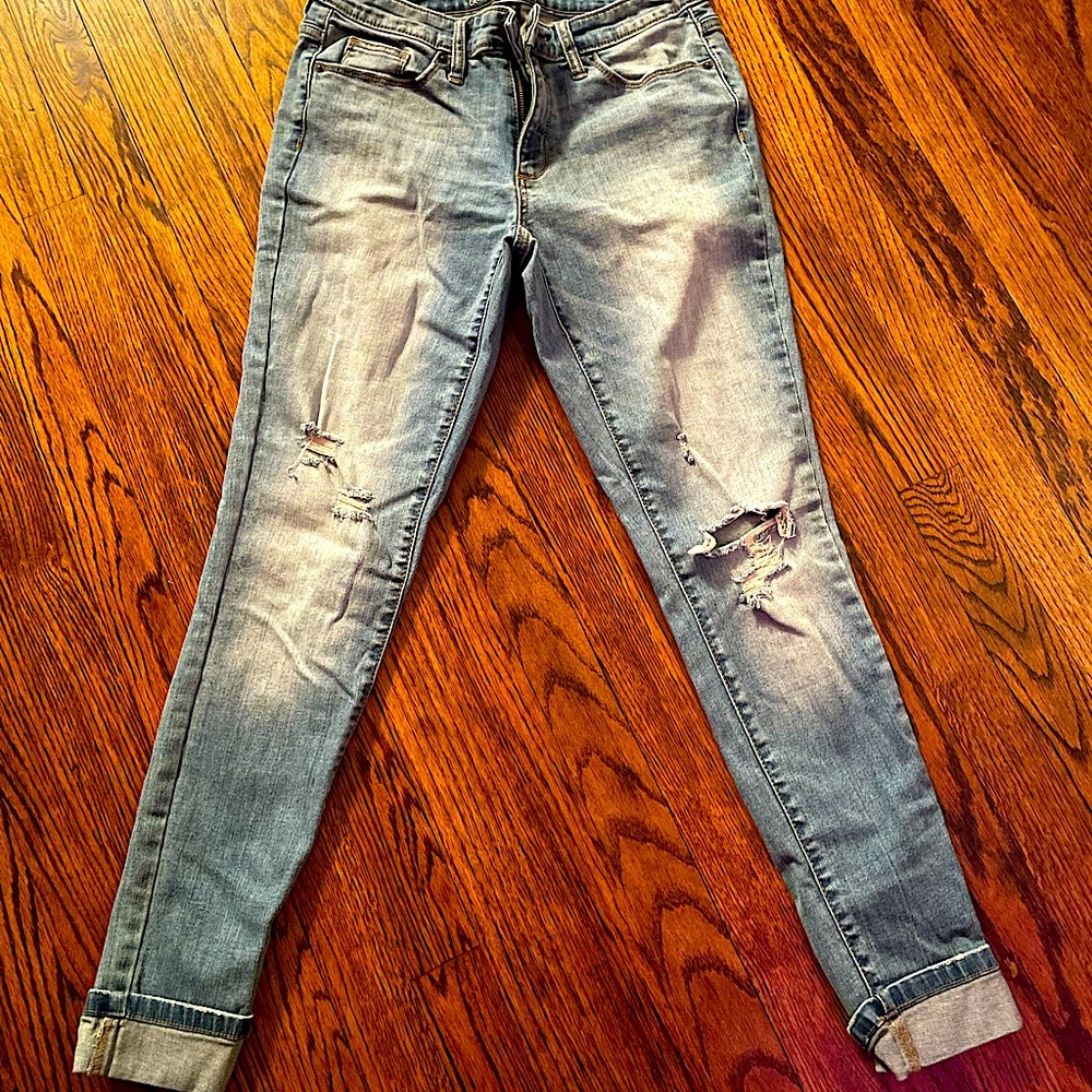 Distressed, cuffed, crop jeans